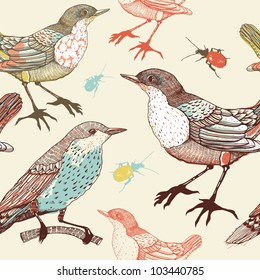 vector seamless pattern with colorful birds and bugs