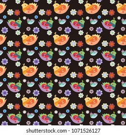 Vector seamless pattern of colorful birds. Mexican style cute bird/chicken repeat background texture.