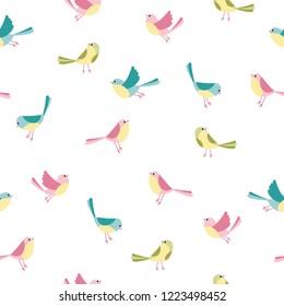Vector seamless pattern of colorful birds in Childish hand-drawn illustration in simple cartoon style in pastel colors.