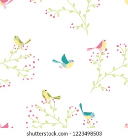 Vector seamless pattern of colorful birds and plants in hand-drawn illustration in simple cartoon style in pastel colors.