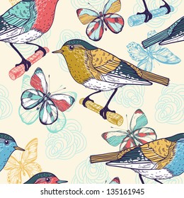 vector  seamless  pattern with colorful birds and butterflies