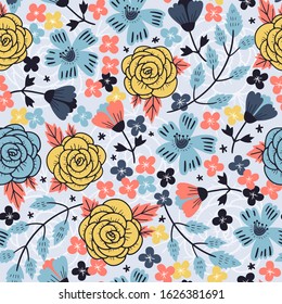 vector seamless pattern, colorful blooms,abstract roses, decorative plants and leaves