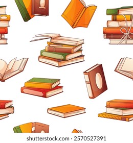 Vector seamless pattern with colorful books and stack of books, open book isolated on white. Book lover, bookstore, library, reading concept.
