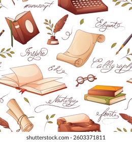Vector seamless pattern with colorful books, old typewriter, quill, scroll isolated on white. Illustration of open book, leaves, hand written phrases. Book lover, bookstore, library, poetry concept.
