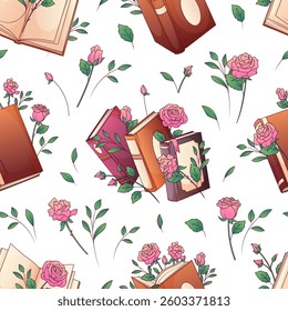 Vector seamless pattern with colorful books and rose flowers isolated on white. Illustration of open book, leaves, roses. Book lover, bookstore, library, reading corner concept.