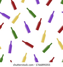 Vector seamless pattern of colorful bottles on a white background.