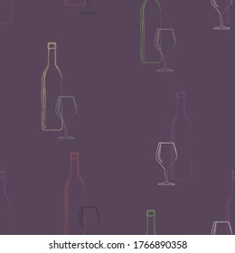 Vector seamless pattern of colorful bottles on a burgundy background.