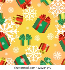 Vector seamless pattern with colorful boxes of Christmas gifts and snowflakes. New Year or Christmas background with a golden yellow color.