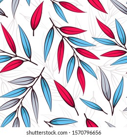 Vector seamless pattern with colorful branches and leaves; floral design for fabric, wallpaper, textile, web design.