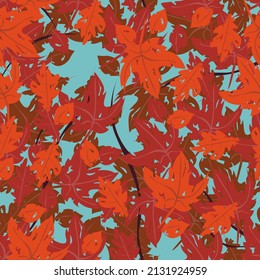 Vector seamless pattern. Colorful branches with autumn foliage against the backdrop of a turquoise sky. Red, burgundy and brown, maple and oak leaves.