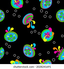 vector seamless pattern of colorful bright jellyfish on a black background underwater