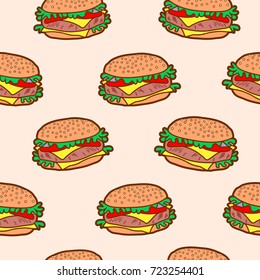 Vector seamless pattern with colorful bright tasty burgers. Light background.