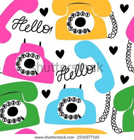Vector seamless pattern of colorful bright retro phones on a white background