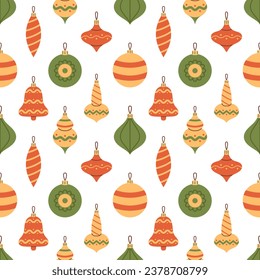 Vector seamless pattern with colorful bubbles and balls for Christmas tree. Red, green and yellow Christmas ornaments and decorations on white background. Happy New Year and Merry Christmas.