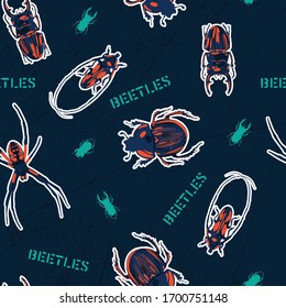 Vector seamless pattern with colorful bugs. Bright handdrawing of small beetles. Cartoon cute bugs wallpaper.