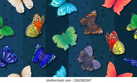 Vector seamless pattern with colorful butterflies on a dark striped background. Illustration for clothing design or printing on fabric and paper.