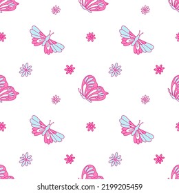 Vector seamless pattern with colorful butterflies and daisy flowers in blue and pink colors. Nostalgia for the 2000 years. Y2k style.