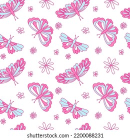 Vector seamless pattern with colorful butterflies and daisy flowers in blue and pink colors. Nostalgia for the 2000 years. Y2k style.