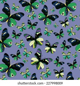 Vector seamless pattern with colorful butterflies on blue background. Vector background. Vector illustration for textiles, interior design, for book design, website background. 
