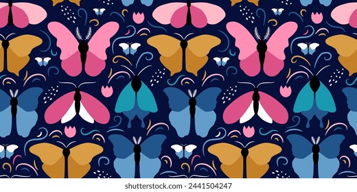 Vector patrón sin fisuras de mariposas de colores de diferentes formas sobre un fondo azul oscuro. Hermoso fondo de moda para embalaje, tela, papel pintado.