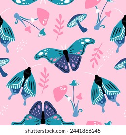 Vector seamless pattern of colorful butterflies and mushrooms on pink background. Beautiful trendy background for packaging, fabric, wallpaper.