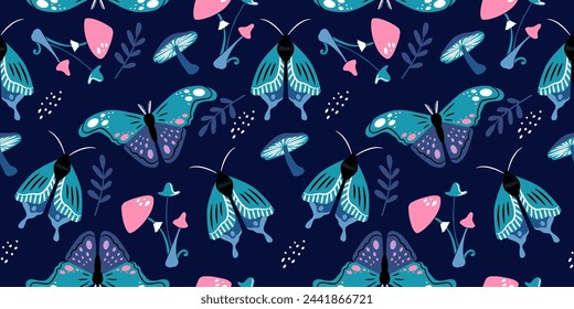Vector seamless pattern of colorful butterflies and mushrooms on dark blue background. Beautiful trendy background for packaging, fabric, wallpaper.