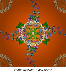 Vector. Seamless pattern of colorful butterfly on a green, orange and beige background. Scribble, sketch, doodle. Picture on green, orange and beige colors.