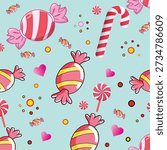 Vector seamless pattern with colorful candies, lollipops, and candy canes. Cute sweet food illustration on light blue background for kids