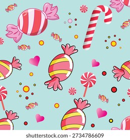 Vector seamless pattern with colorful candies, lollipops, and candy canes. Cute sweet food illustration on light blue background for kids' textiles and wrapping paper.