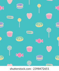 Vector Seamless Pattern Colorful Candy Sweets Food Design Illustration On Tosca Background  Wallpaper