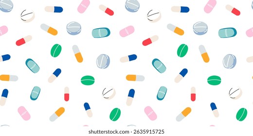 Vector seamless pattern with colorful capsules, tablets and medicine drugs. A health design element for medical form, medical apps, websites and social networks