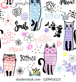 Vector seamless pattern with colorful cartoon cat on white background. Girlish funny wallpaper for textile and fabric.