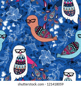 vector seamless pattern with colorful cartoon penguins and owls