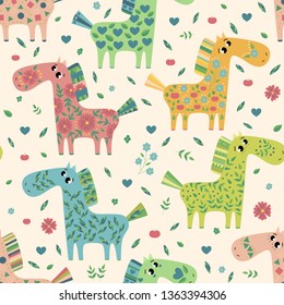 Vector seamless pattern with colorful cartoon horses.