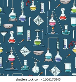 Vector seamless pattern with colorful cartoon special equipment. Pattern on the theme of chemistry, medicine, science,  education on green background