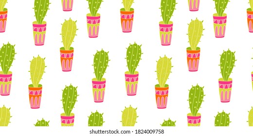 Vector seamless pattern with colorful cartoon cactus plants in pots decorated with patterns. Flat style with outline. Bright pink, green, orange colors. Great for covers, wrapping papers, fabrics.