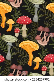 Vector seamless pattern with colorful cartoon poisonous mushrooms and fern stems on dark background. Amanita, false mushrooms and herbals. Natural texture for fabric. Drawing of dangerous fungus