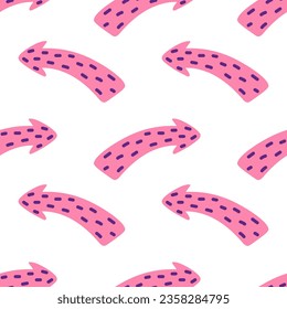 Patrón vectorial sin fisuras con dibujos animados coloridos juguetones de flecha rosa y púrpura manchada. Flecha dinámica abstracta sobre fondo blanco. Flecha texturizada infantil de moda con patrón de puntos. Diseño de ajuste.