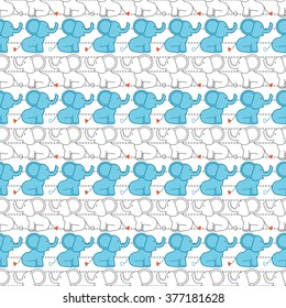 Vector seamless pattern with colorful cartoon african elephants. Animal background of cute indian elephant silhouettes for kids. Doodle jungle or zoo illustration for children. Africa. India.