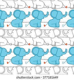 Vector seamless pattern with colorful cartoon african elephants. Animal background of cute indian elephant silhouettes for kids. Doodle jungle or zoo illustration for children. Africa. India.