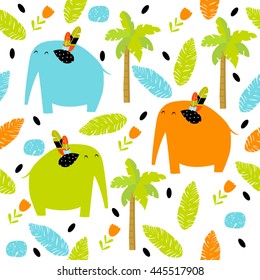 Vector seamless pattern with colorful cartoon elephants, flowers, palm trees, foliage. Bright multicolored pattern. Safari, Africa, the Indian jungle.