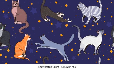 Vector seamless pattern with colorful cat and stars on light background. For printing, Wallpaper, banners or fabrics.