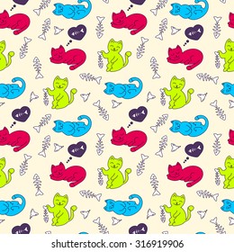 vector seamless pattern with colorful cats. hand drawn illustration for background, fabric, print.