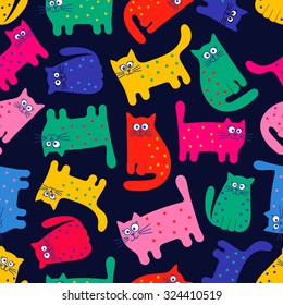 Vector seamless pattern with colorful cats. Funny kittens. Cartoon hand drawn design for children. Bright colors on black background.