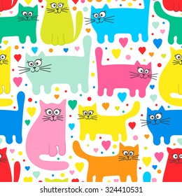 Vector seamless pattern with colorful cats. Funny kittens and hearts. Cartoon hand drawn design for children. Bright colors on white background.