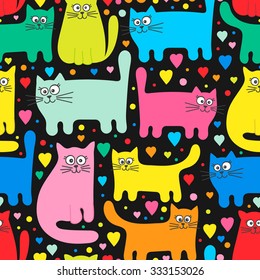 Vector seamless pattern with colorful cats. Funny kittens and hearts. Cartoon hand drawn design for children. Bright colors on black background.
