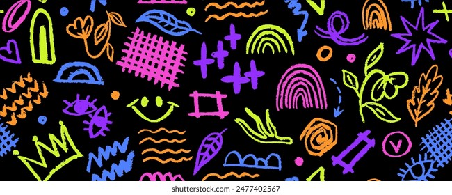 Vector seamless pattern  with colorful charcoal graffiti doodle punk and girly shapes.  Hand drawn abstract scribbles and squiggles, creative various shapes, pencil drawn icons. 
