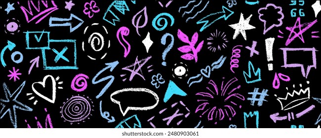 Vector seamless pattern  with colorful charcoal graffiti doodle and girly shapes.  Hand drawn abstract scribbles and squiggles, creative various shapes, pencil drawn. 