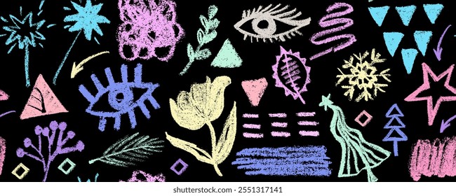 Vector seamless pattern with colorful charcoal Christmas  elements. Hand drawn pencil lines,  flowers, eyes,  stars and fir trees. Vector charcoal smears, swirls and doodle shapes. 