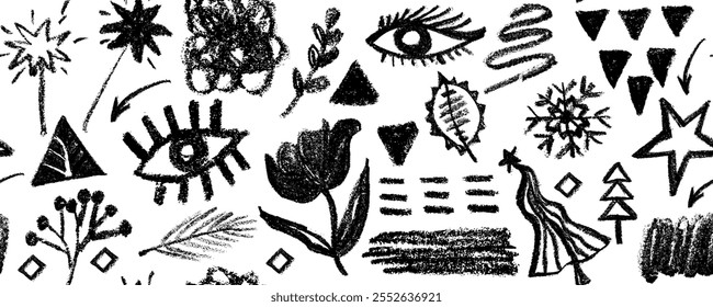 Vetor padrão sem emenda com elementos coloridos do Natal do carvão. Linhas desenhadas à mão a lápis, flores, olhos, estrelas e abetos. Esfregaços de carvão vetorial, espirais e formas de rabiscar. 